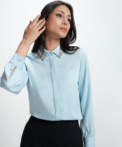 Collar Bead Detailed Chiffon Blue Shirt